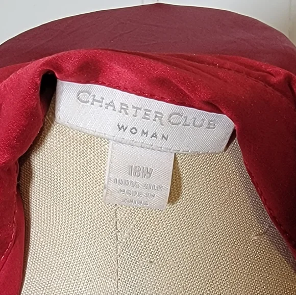 Charter Club silk red long-sleeved shirt.Size 18W. Cloth covered buttons. Pleats - Picture 5 of 5